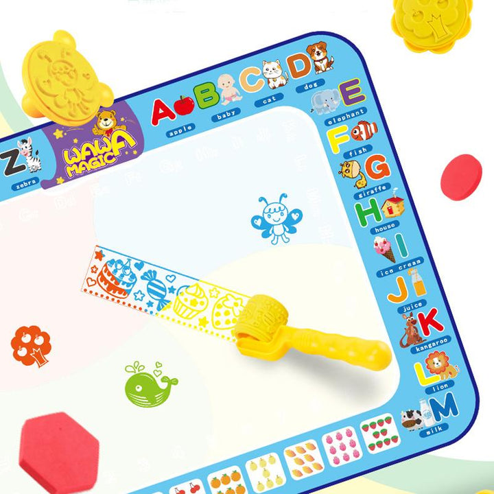 Happy child proudly showing off their drawing on the Reusable Water Drawing Mat, educational toy