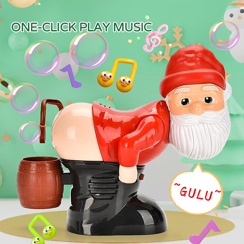 Child joyfully playing with a Santa bubble machine, surrounded by bubbles, a fun musical Christmas toy