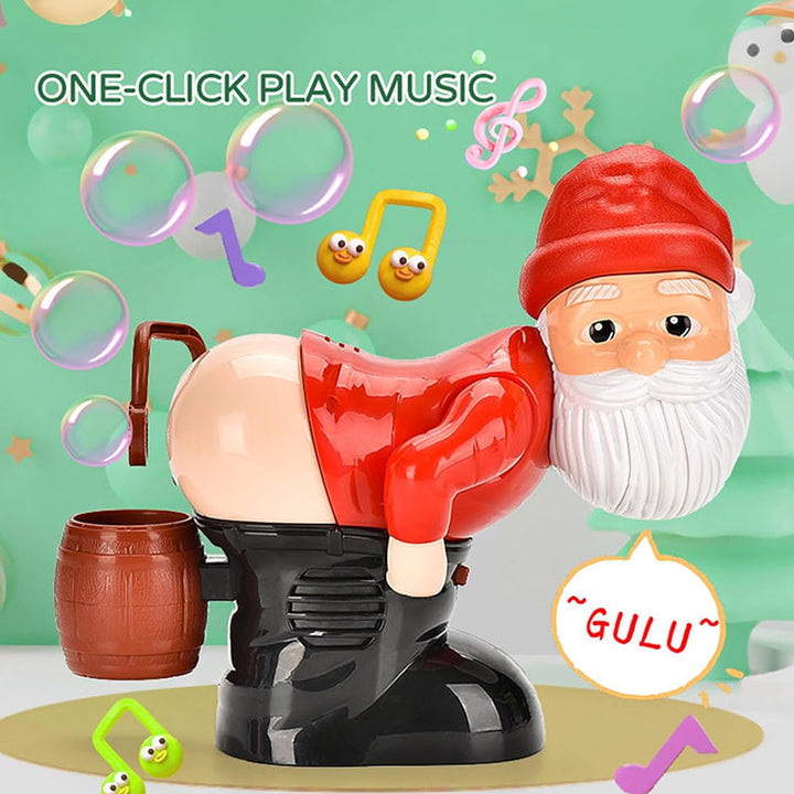 Child joyfully playing with a Santa bubble machine, surrounded by bubbles, a fun musical Christmas toy