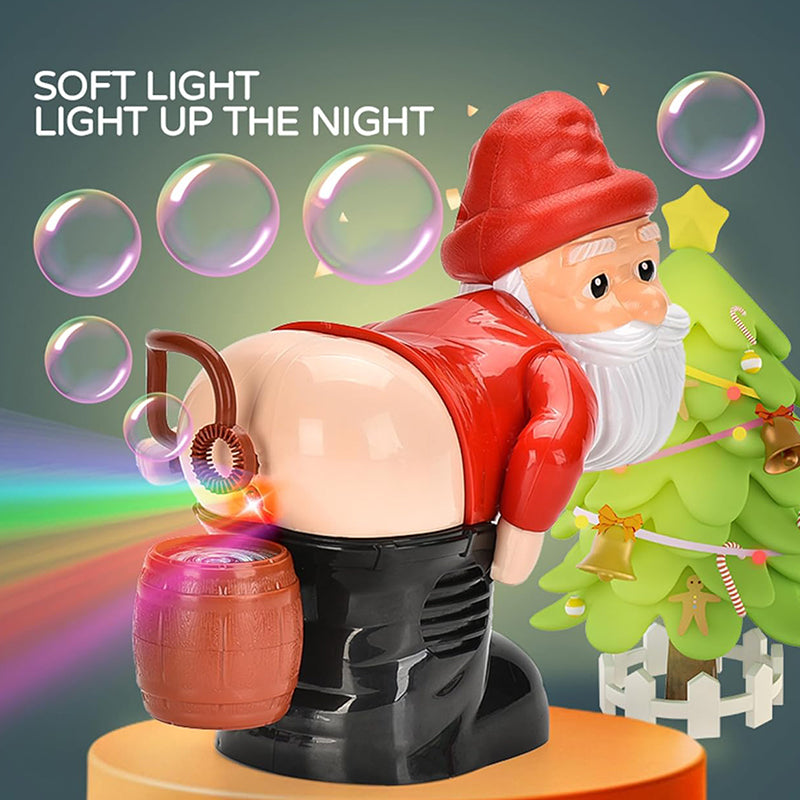 Santa bubble machine with integrated LED lights glowing, producing bubbles, great for evening outdoor play