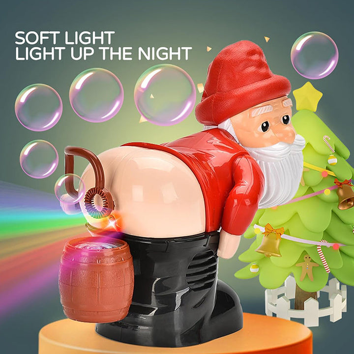Santa bubble machine with integrated LED lights glowing, producing bubbles, great for evening outdoor play