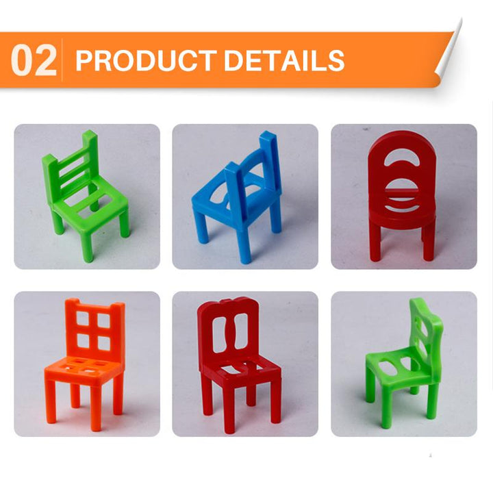 Educational stacking toy for kids featuring small plastic chairs, ideal for family fun