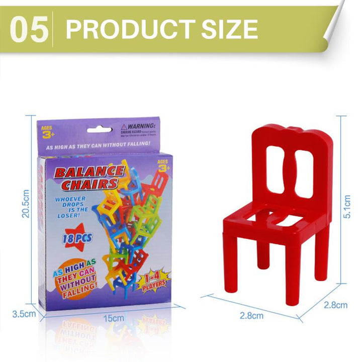 Children's game showing multiple colored chairs precariously stacked high, testing balance