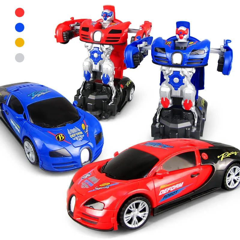 Kids' transforming car toy with LED lights, music, and autonomous deformation action for boys and girls.