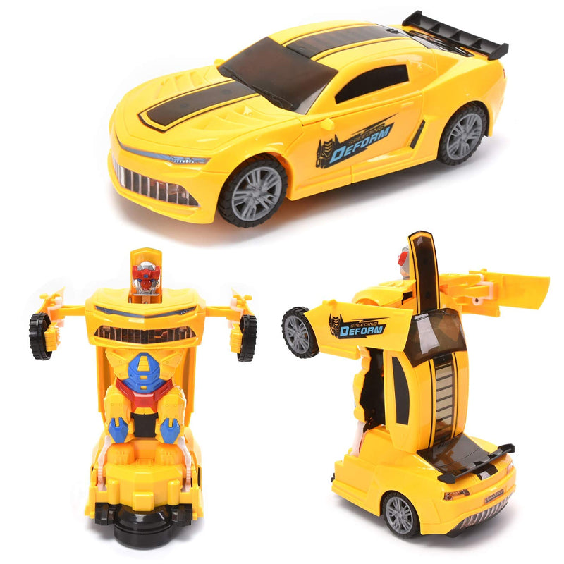 Collection of transforming car toys in various colors – red, blue, yellow – all with lights and music.