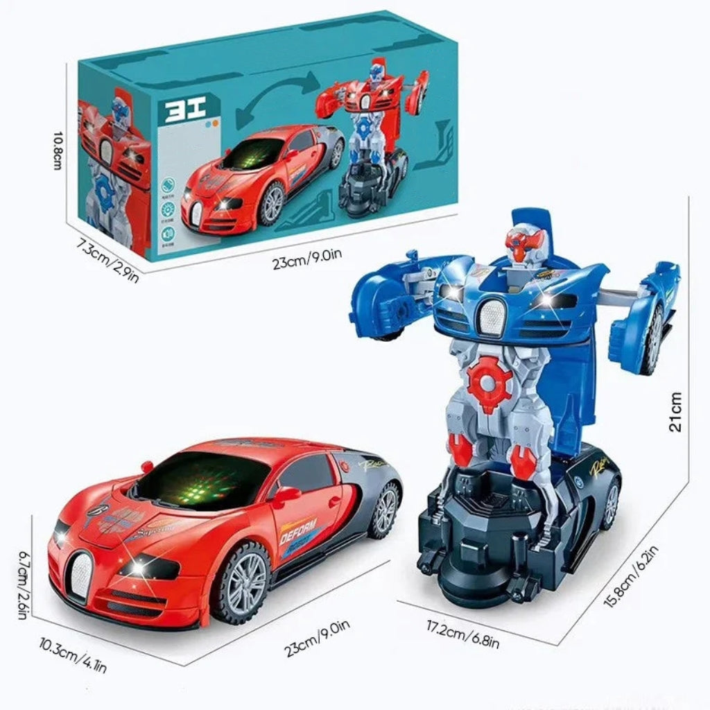 Boy happily playing with a red transforming car toy, engaged by its music, lights, and automatic deformation.