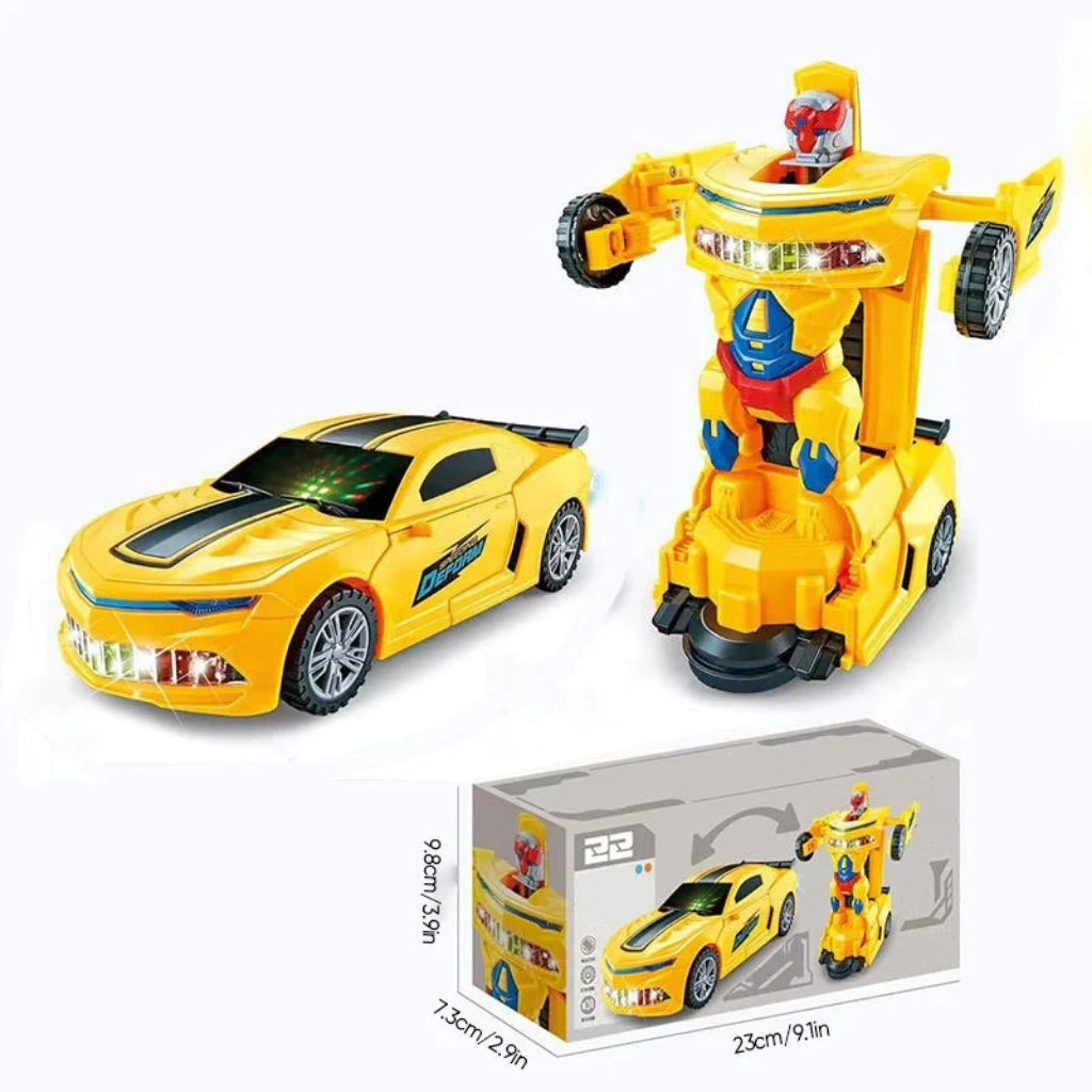 Girl smiling while interacting with a yellow transforming car toy, enjoying its musical and light features.