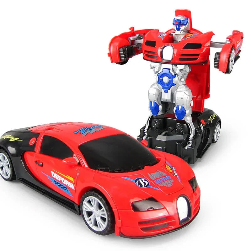 Multi-functional transforming car toy for kids, combining vehicle play with robot action, lights, and music.