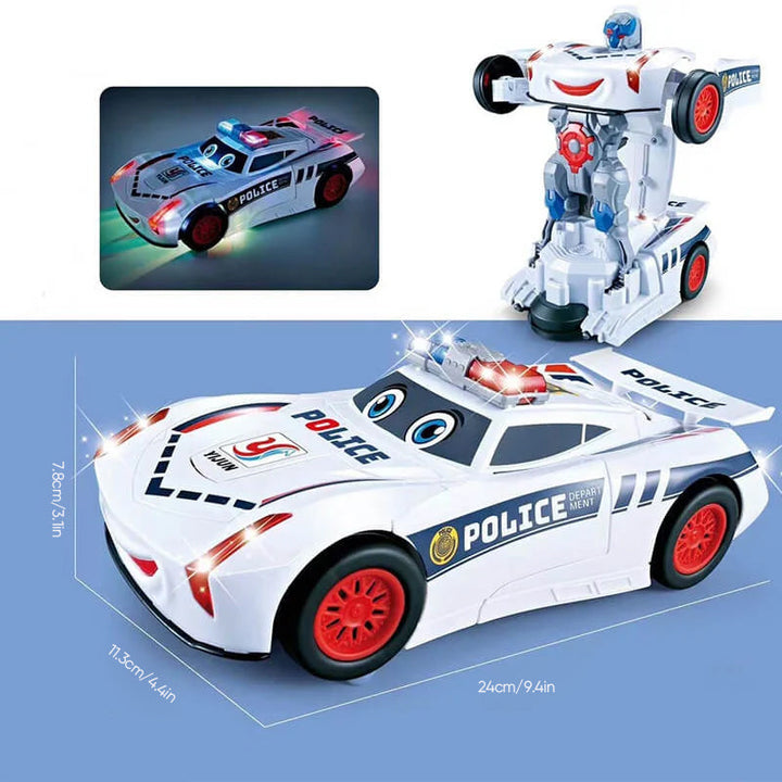 Dynamic transforming car toy with bright lights and lively music, perfect for stimulating kids' imagination.