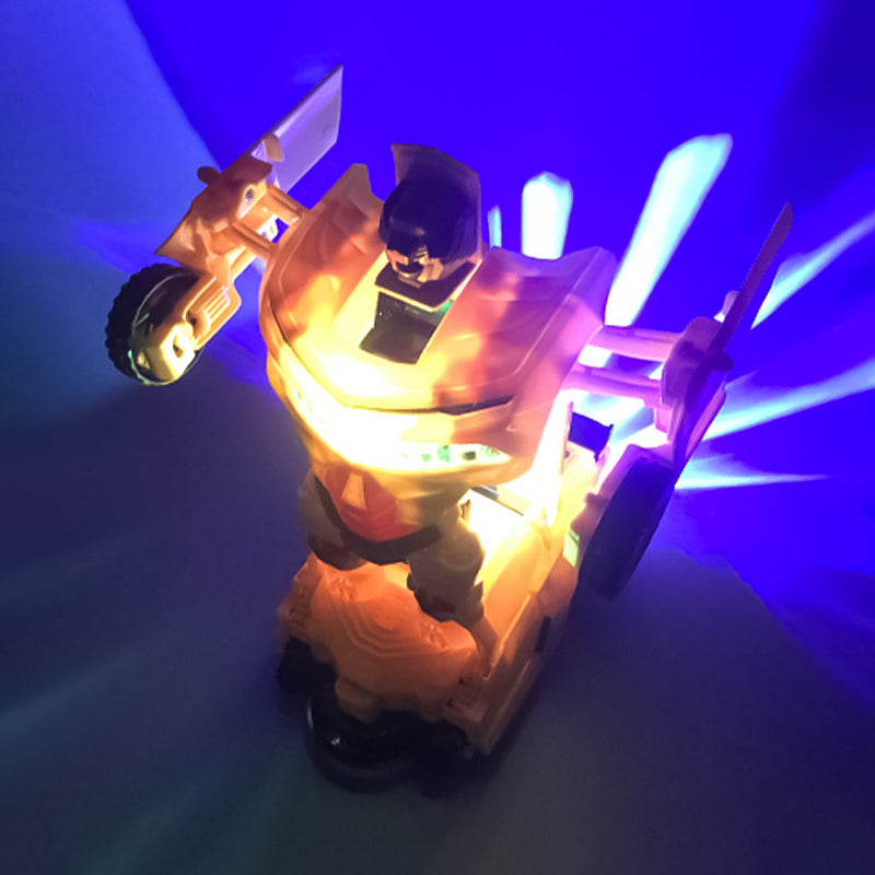 Close-up of a blue transforming car toy mid-transformation, showcasing intricate details and bright LEDs.