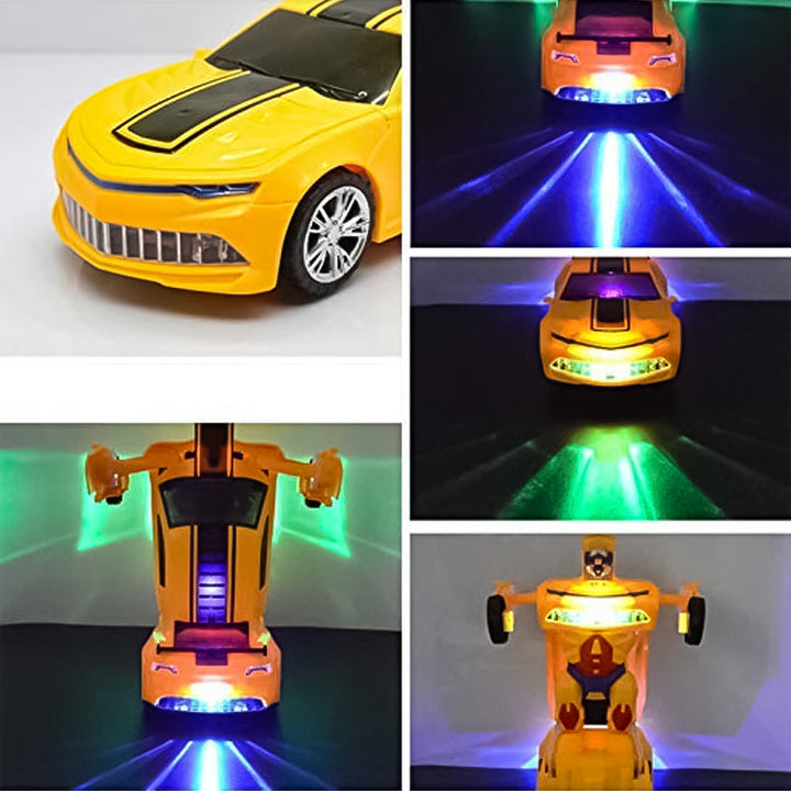 Side view of a transforming car toy in robot mode, highlighting its detailed design and vibrant colors.