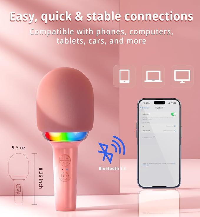 Bluetooth kids karaoke microphone with colorful LED lights, a fun gift for children