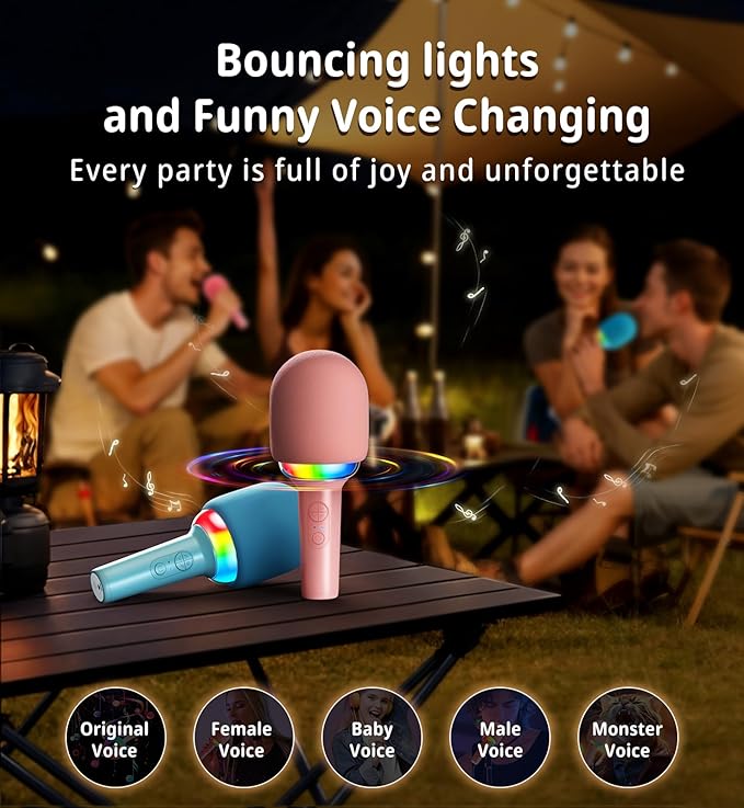 Portable wireless speaker microphone for kids, featuring vibrant LED light display