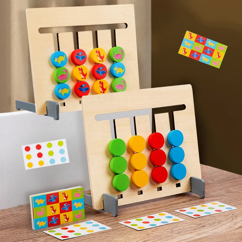 Kids wooden 2-sided logic sliding puzzle, vibrant colors, educational preschool toy