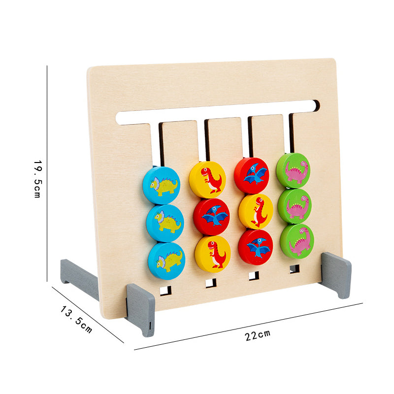 Child concentrating intently on a 2-sided wooden sliding logic puzzle, fostering problem-solving