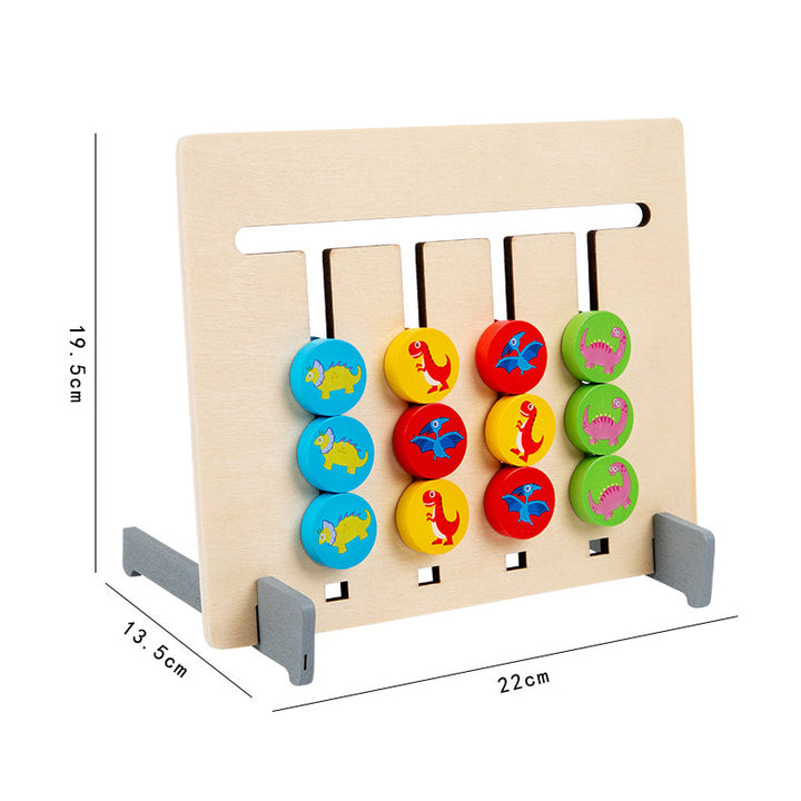 Child concentrating intently on a 2-sided wooden sliding logic puzzle, fostering problem-solving