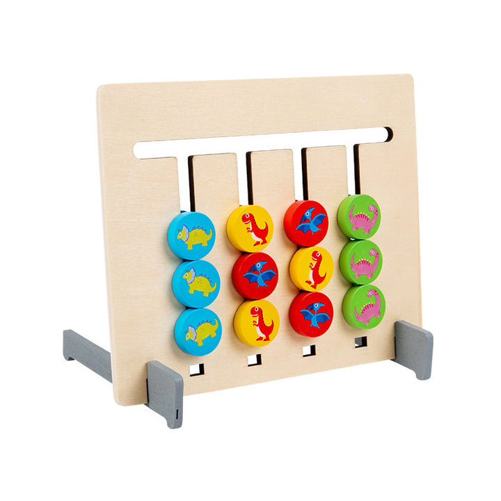 Packaging for a kids wooden 2-sided logic sliding puzzle, highlighting educational benefits