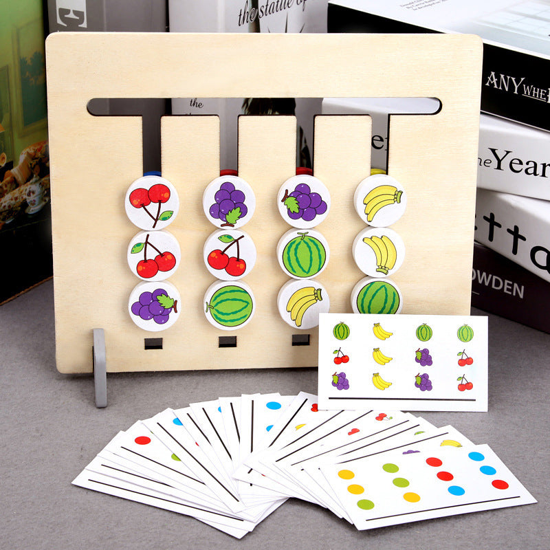 Variety of wooden logic sliding puzzles neatly stacked, showcasing different designs