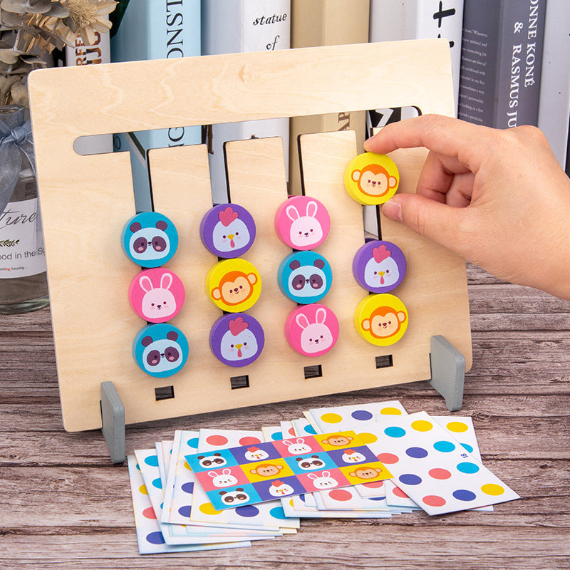 Wooden 2-sided logic sliding puzzle with abstract patterns, stimulating brain teaser for young learners