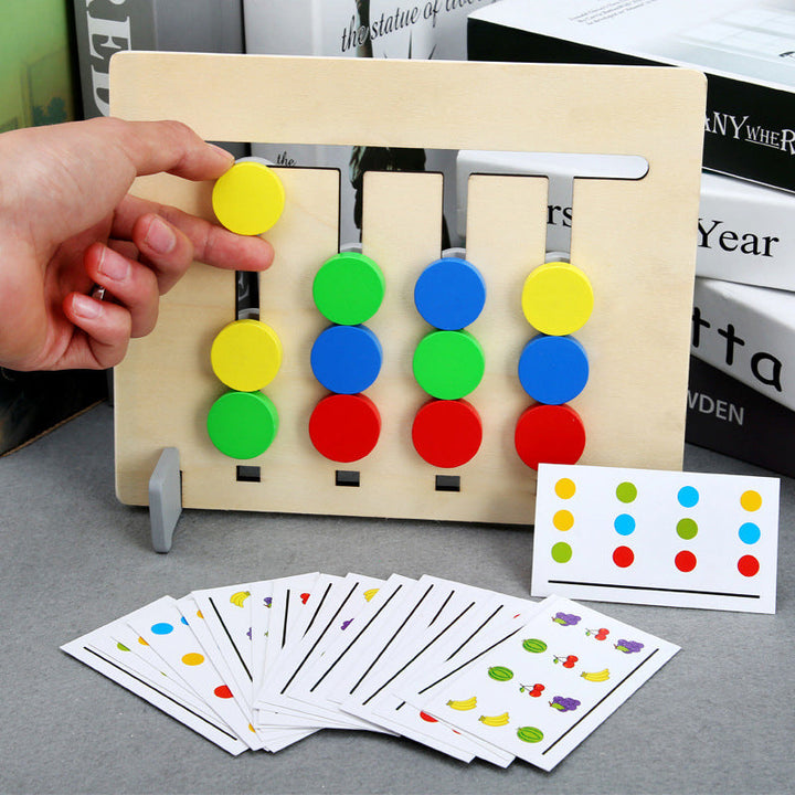 Close-up of a child's hand solving a wooden logic sliding puzzle, brain teaser activity