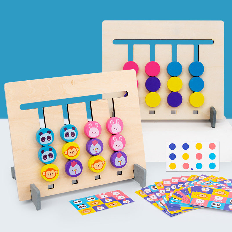 Wooden logic sliding puzzle for kids, two sides with different challenges, developmental toy