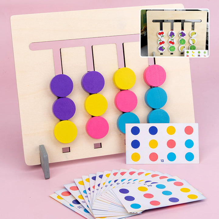 Preschool aged child engaged with a colorful 2-sided wooden logic puzzle toy