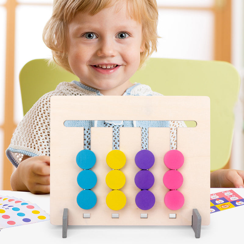 Top-down view of kids wooden logic sliding puzzle, intricate design, educational game