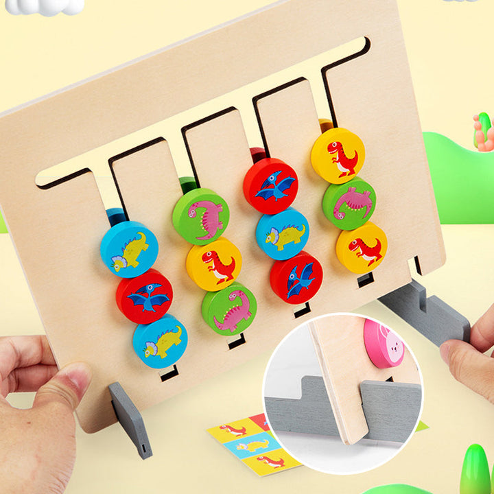 Two-sided wooden logic puzzle displaying animal shapes, challenging brain teaser for kids