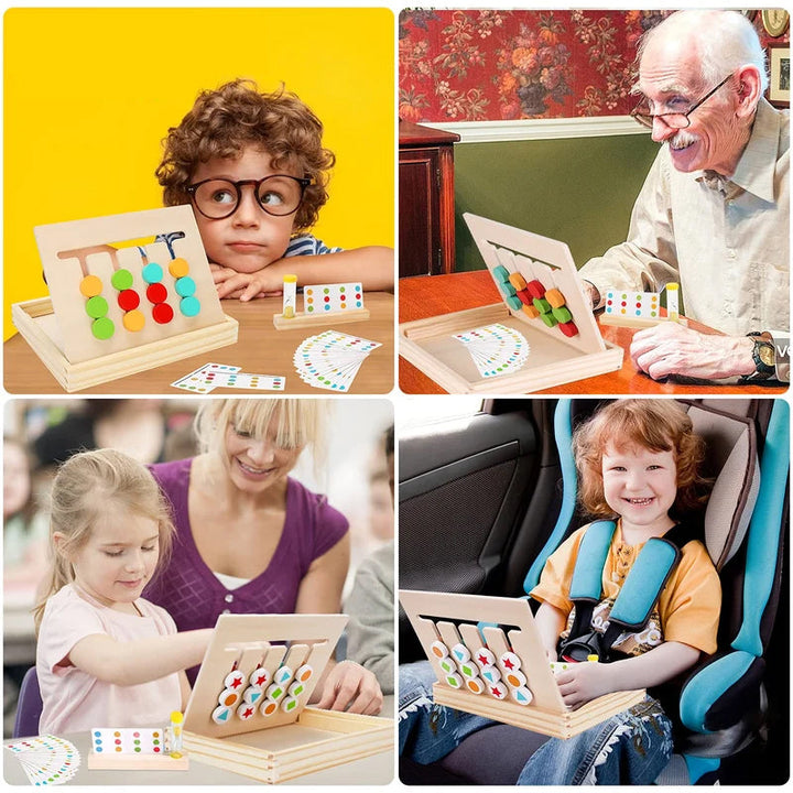 Group of children sharing a wooden 2-sided logic sliding puzzle, collaborative play