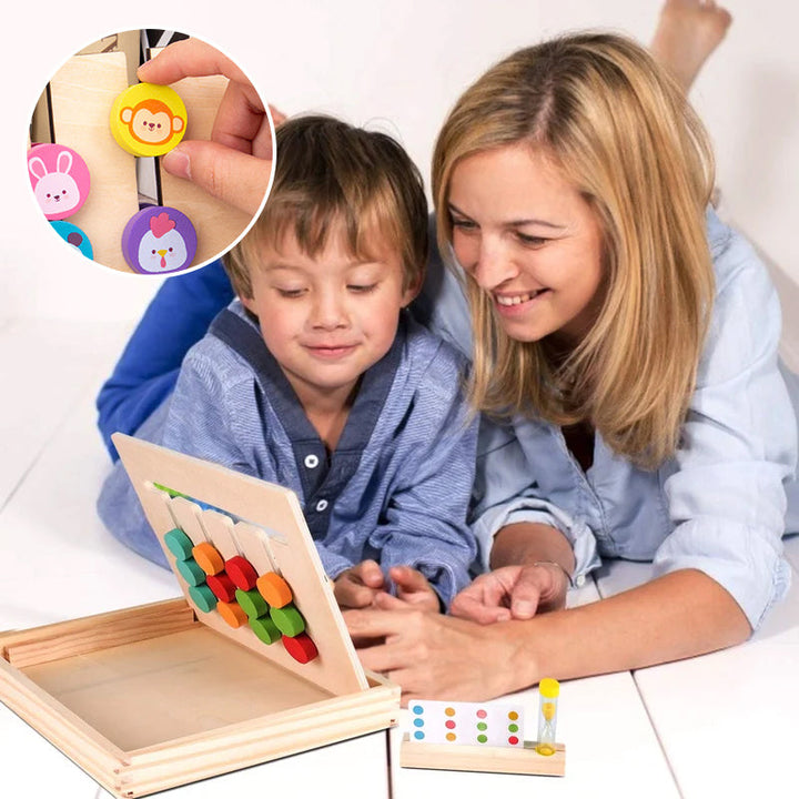 Kids wooden logic sliding puzzle on a playmat, demonstrating its compact size for travel