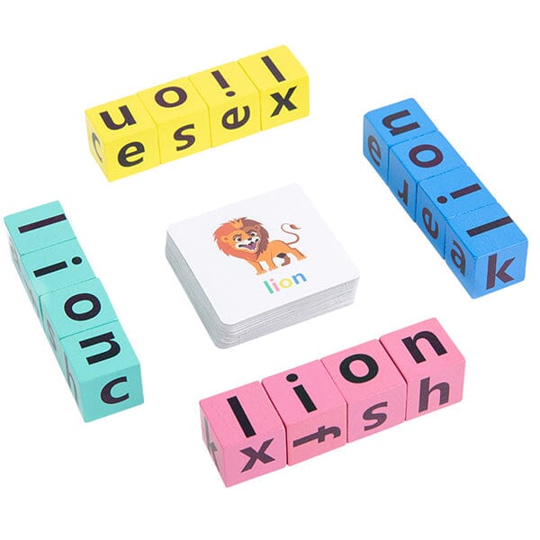 Happy child holding a completed word using the wooden alphabet spelling game blocks
