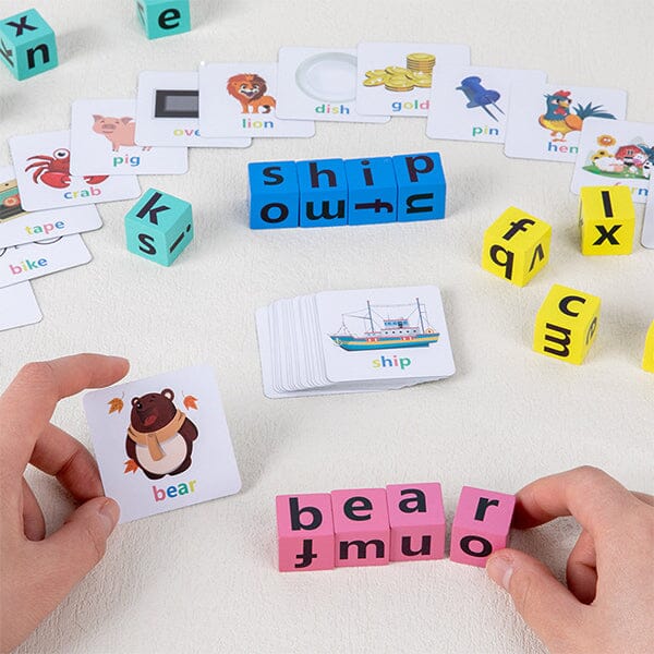 Preschooler happily engaging with the wooden spelling game, a fun way to learn words