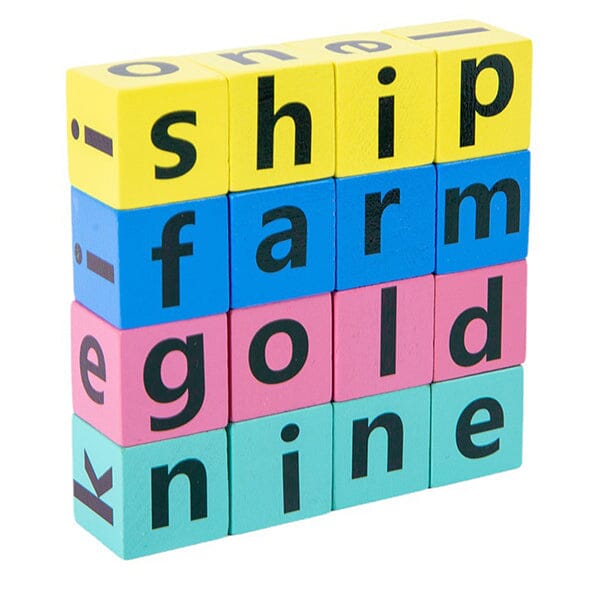 Stack of colorful wooden letter blocks from the alphabet spelling game, ready for play