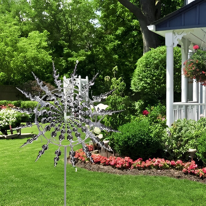 Outdoor kinetic metal wind spinner for garden & patio decor. Weather-resistant art sculpture, perfect lawn accent.
