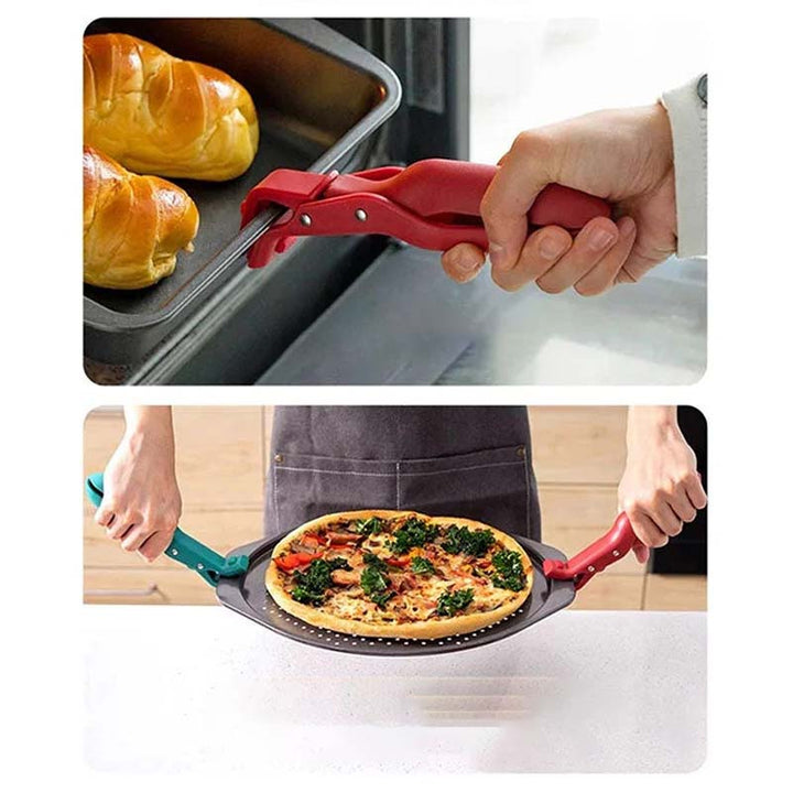 Versatile kitchen anti-scald bowl clip lifting a steaming plate from a microwave oven safely.