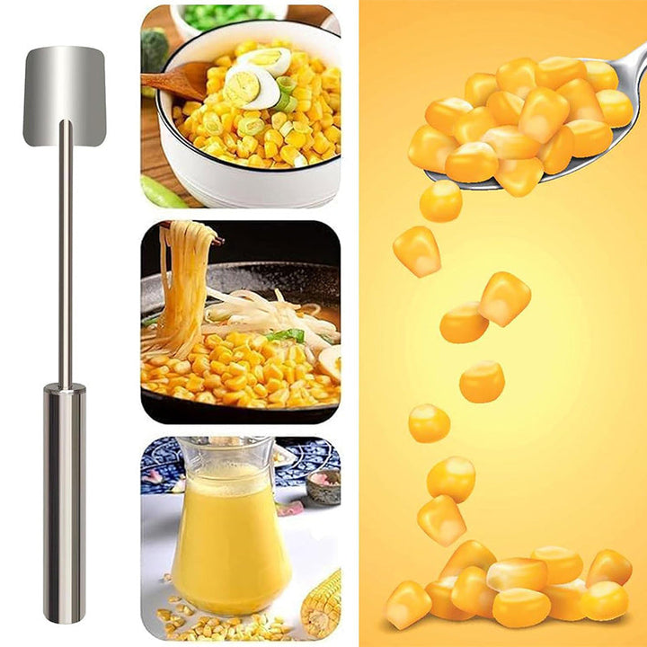 Fresh corn cob being stripped of kernels using the specialized kitchen peeler tool