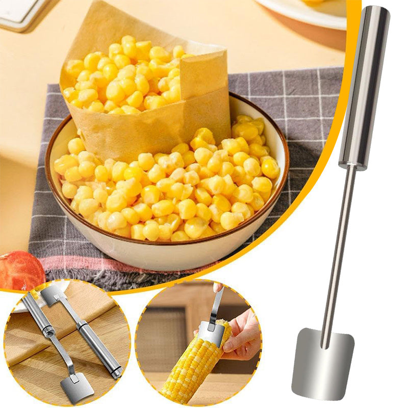Angled shot of the corn cob stripper, highlighting its stainless steel construction