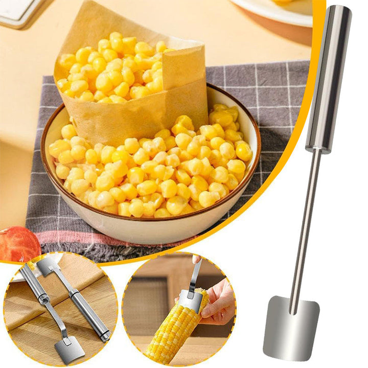 Angled shot of the corn cob stripper, highlighting its stainless steel construction
