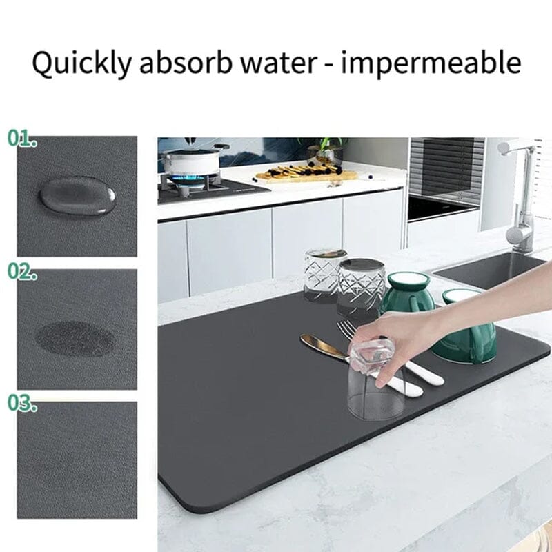 Absorbent draining mat in modern kitchen setting, tidies up dishwashing area