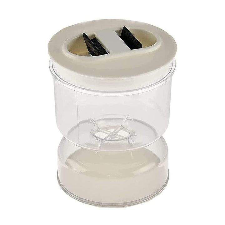 Glass storage jar with strainer for brined foods, ensuring mess-free serving