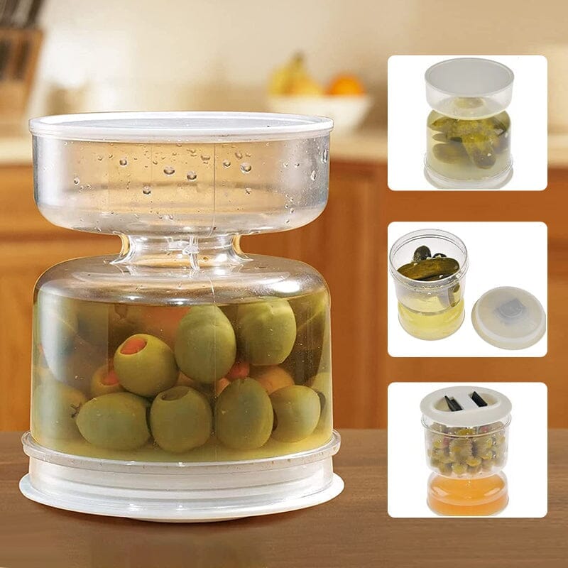 Glass pickle jar with integrated strainer for easy olive and pickle removal, kitchen storage