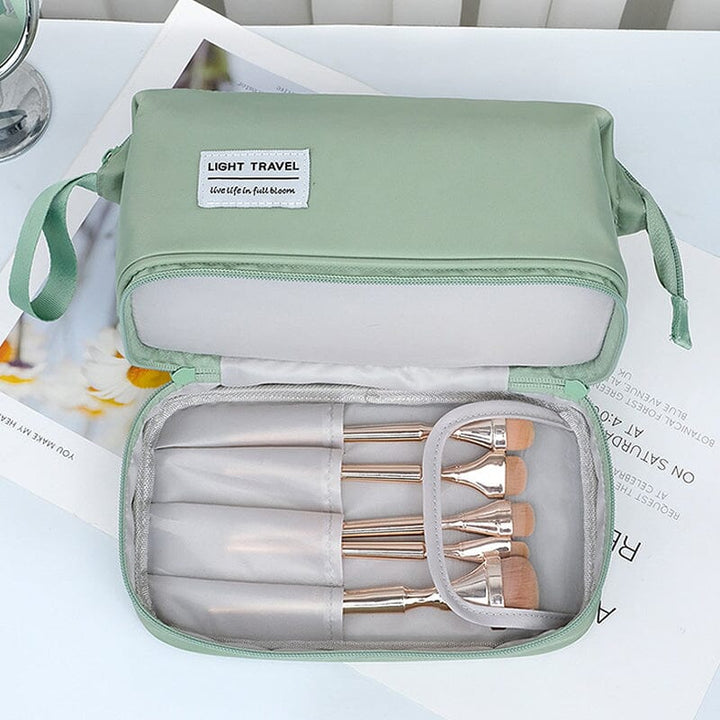 Compact yet spacious waterproof toiletry bag, side view, emphasizing its large capacity for essentials.