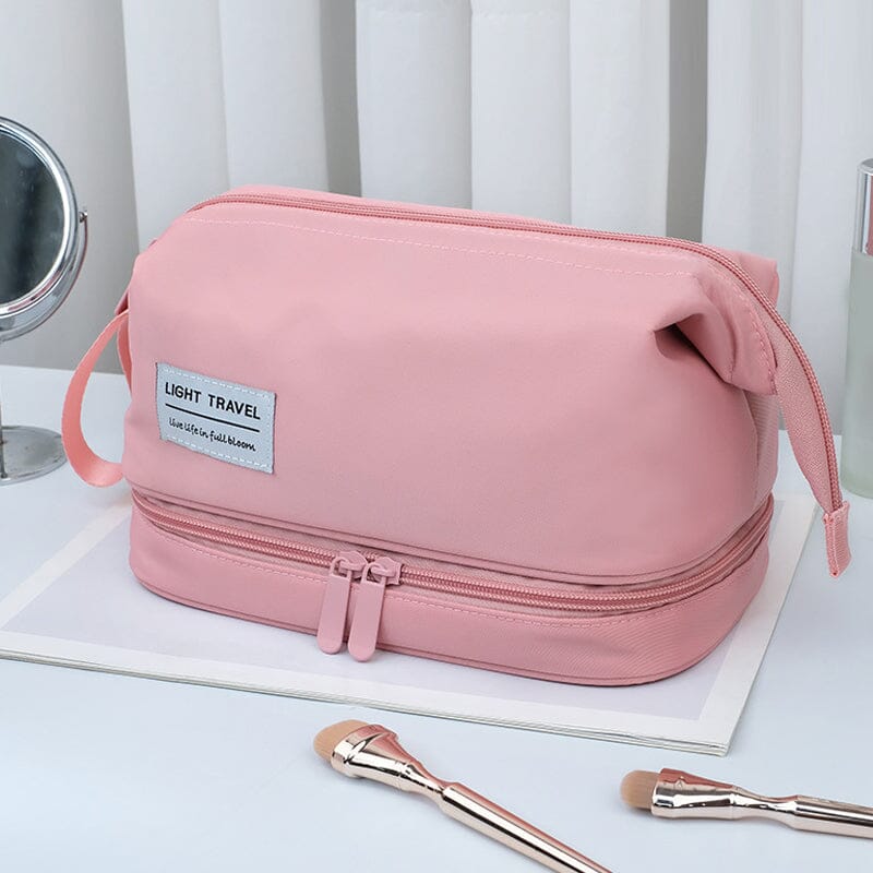 Unisex travel toiletry bag in a bathroom setting, demonstrating its practical use and waterproof qualities.