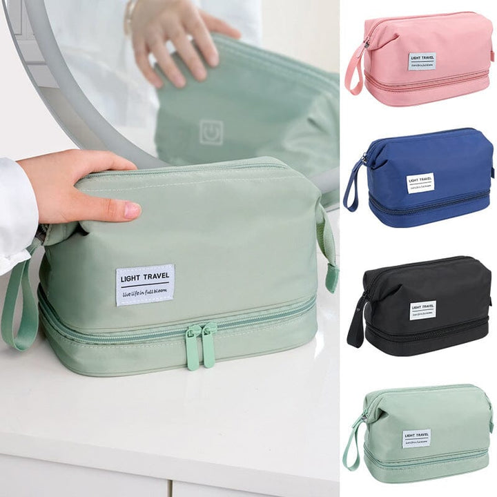 Unisex oxford cloth travel toiletry bag, closed and compact, showing the waterproof exterior, perfect for cosmetics.