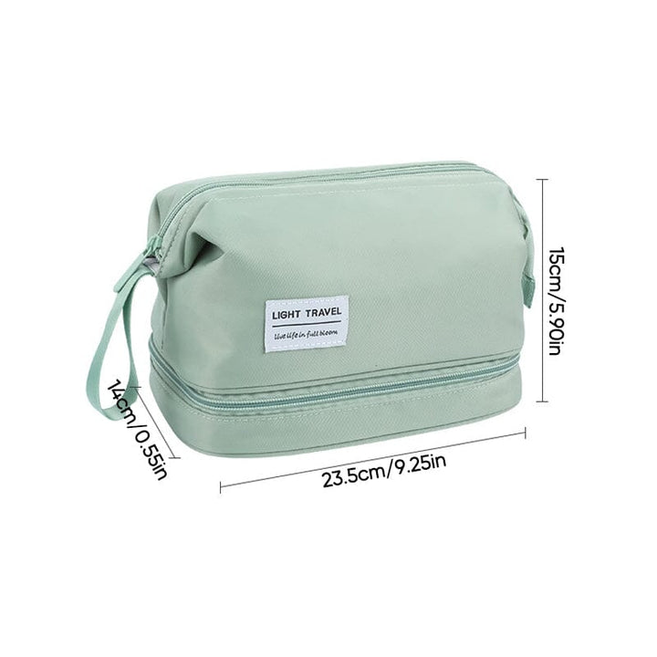 Portable waterproof toiletry bag with a sturdy handle, showcasing its large capacity and suitability for travel.