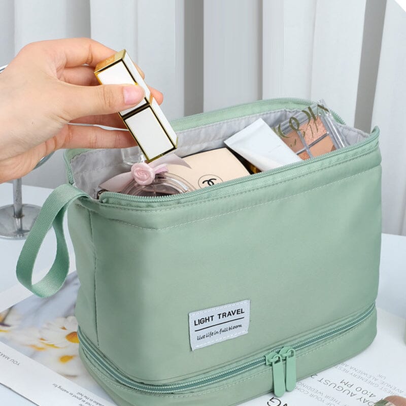 Multifunctional toiletry organizer bag, open with various toiletries neatly arranged, highlighting bathroom storage.