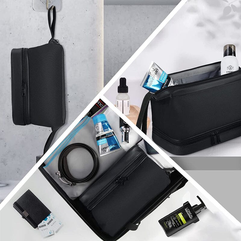 Interior view of the waterproof toiletry bag, showcasing mesh pockets and zippered compartments for organization.