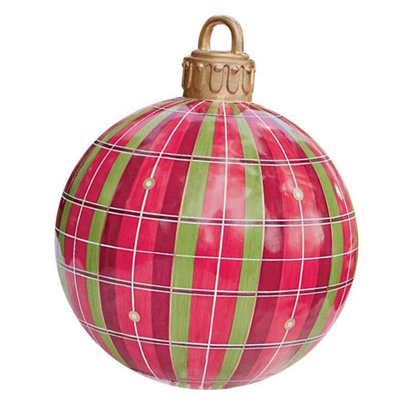 Large red inflatable holiday ball with glitter accents, outdoor Christmas ornament