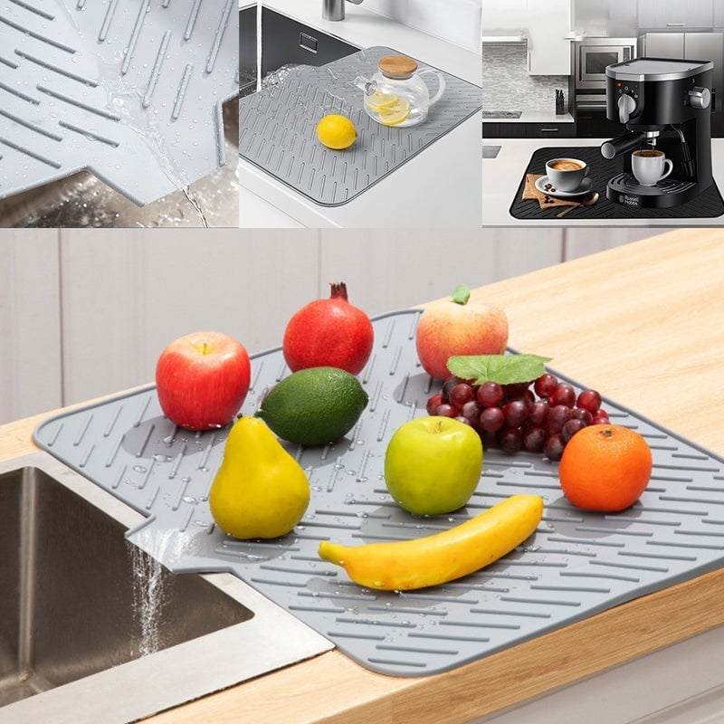 Large silicone dish drying mat, gray, for kitchen countertops, keeps dishes dry, easy clean kitchen organization
