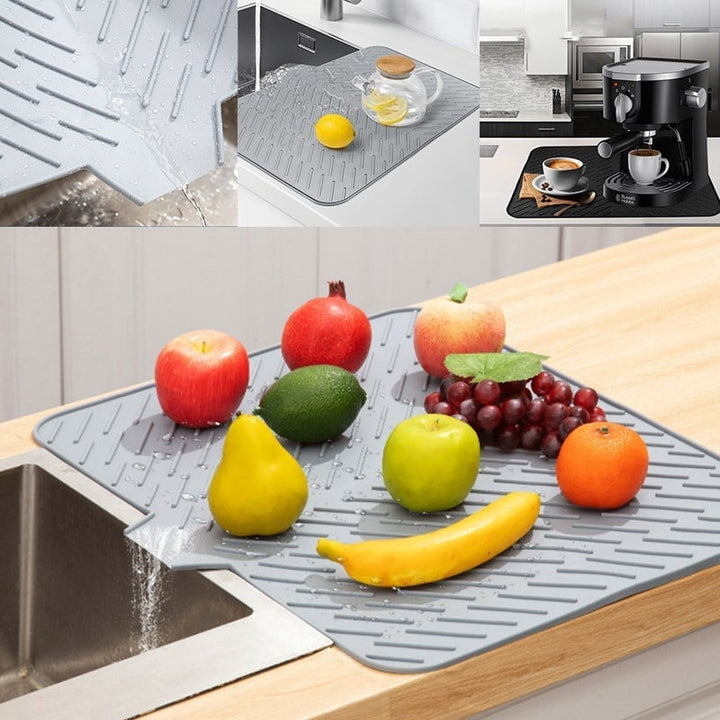 Large silicone dish drying mat, gray, for kitchen countertops, keeps dishes dry, easy clean kitchen organization